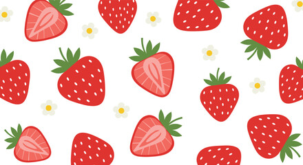 Strawberry pattern with flowers. Cute whole and sliced strawberries with small blossoms. Fresh summer berry background for fabric, packaging, wallpaper and organic food design. © HELEN QUEEN