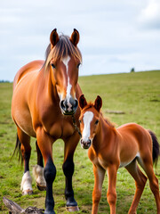 Fototapeta premium Red mare and foal on green pasture