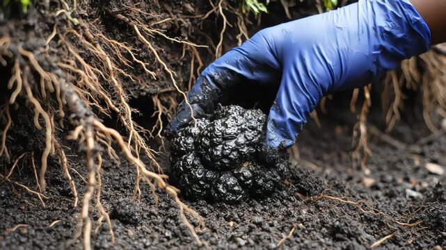 Gloved hand placing a large black truffle onto dark soil near tree roots in a forest