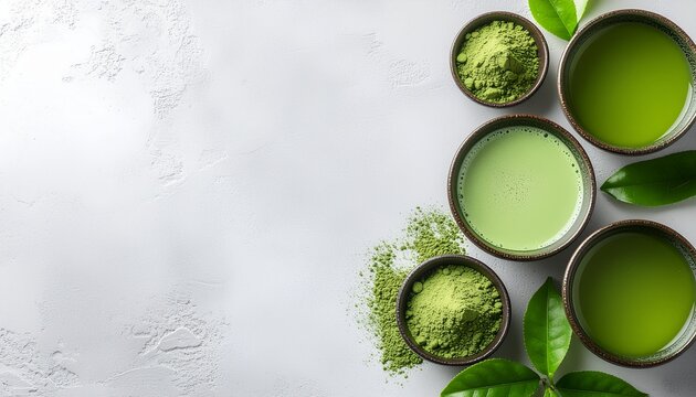 抹茶パウダーと抹茶ドリンクのフラットレイ（白背景・余白）