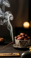 Obraz premium Incense Sticks and Dates in Decorative Bowl.