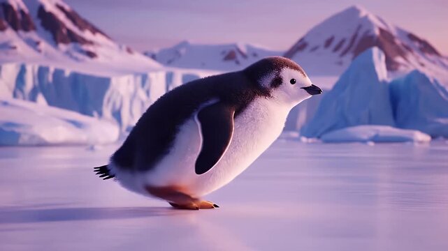 Adorable baby penguin waddling across a frozen icy surface with snow-capped mountains in the background