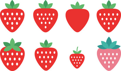 Strawberry flat icon vector set. Simple red strawberries with leaves in minimal style. Cute berry symbols for food apps, packaging, logos and healthy fruit design. © HELEN QUEEN