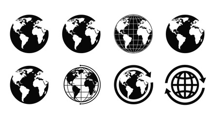 A collection of eight monochrome icons depicting the earth globes and planetary rotation symbols high quality professional detailed modern © RMvectors02