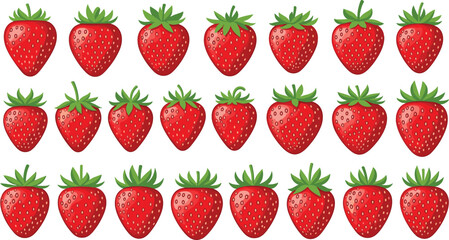 Strawberry fruit icon vector set. Fresh red strawberries in different shapes. Cute berry collection for healthy food design, farm packaging and summer fruit themes. © HELEN QUEEN