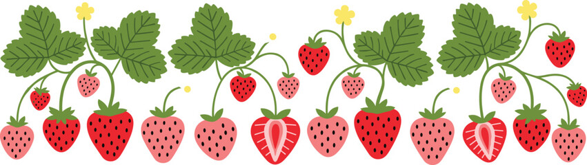 Strawberry border with leaves and flowers. Fresh red berries and sliced strawberry. Cute summer berry garland for packaging, fabric patterns and organic food design. © HELEN QUEEN
