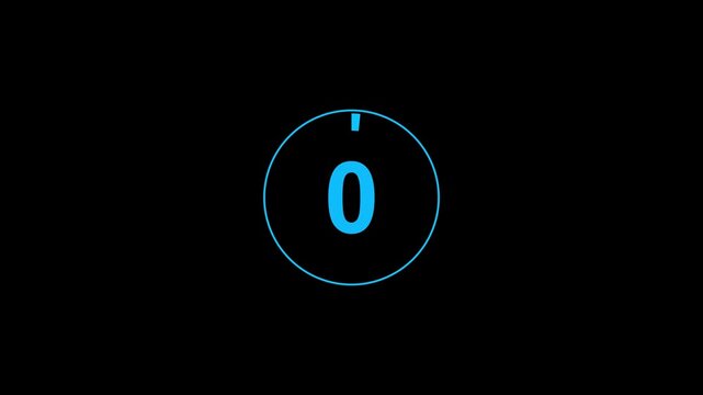 Circle countdown timer one minute animation from 5 to 0 second animation with alpha channel, 5 second countdown timer, Countdown video on black background.