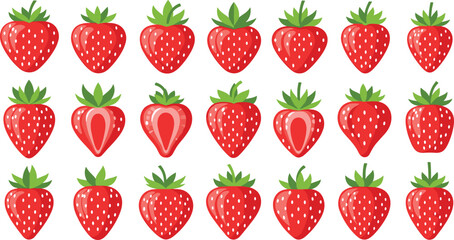 Strawberry fruit vector icon set. Whole strawberries and cut halves with seeds and leaves. Fresh red berry collection for healthy food design, farm packaging and summer themes. © HELEN QUEEN
