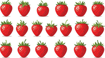 Strawberry fruit icon set. Fresh red strawberries in different shapes. Cute berry collection for healthy food design, farm labels, packaging and summer fruit themes. © HELEN QUEEN