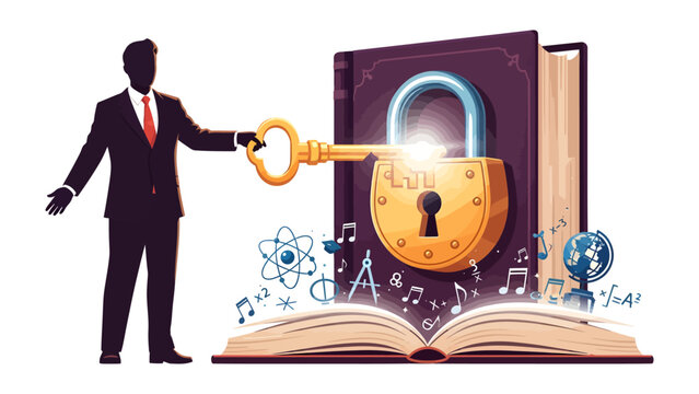 Unlocking Knowledge: A man in a suit holds a key, unlocking a secured book filled with symbols of learning and music, representing the power of education.