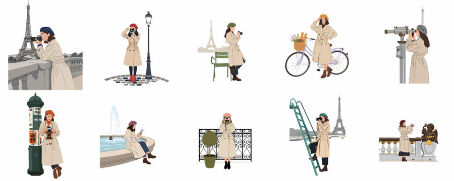 Set of flat illustrations featuring a fashionable woman traveling and taking photos at iconic landmarks in Paris, France.
