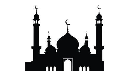 A striking black silhouette depicts an ornate mosque with crescent moon details symbolizing islamic architecture and faith high quality © RMvectors02