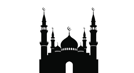 A striking black silhouette depicts a traditional islamic mosque with multiple minarets and crescent moons high quality professional detailed © RMvectors02