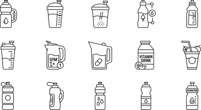 Sports Drink Bottle and Protein Shaker Line Icon Set Featuring Gym Supplements Hydration Containers Energy Beverages and Fitness Nutrition Packaging
