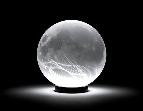 Ethereal glowing orb sits atop a black pedestal, radiating light and hinting at a celestial moonscape within