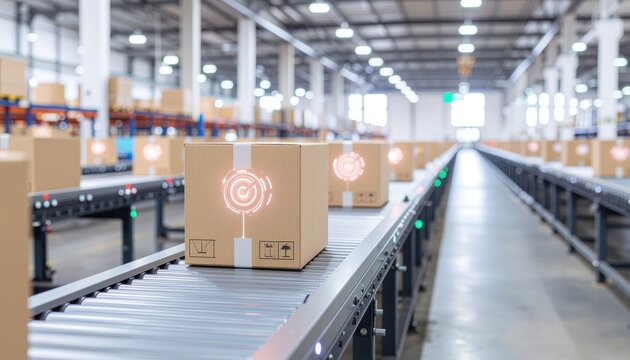 サプライチェーン追跡を示す物流倉庫のコンベアと段ボール箱