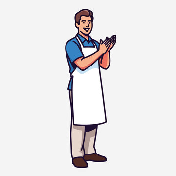 Man wearing apron clapping hands in approval or greeting