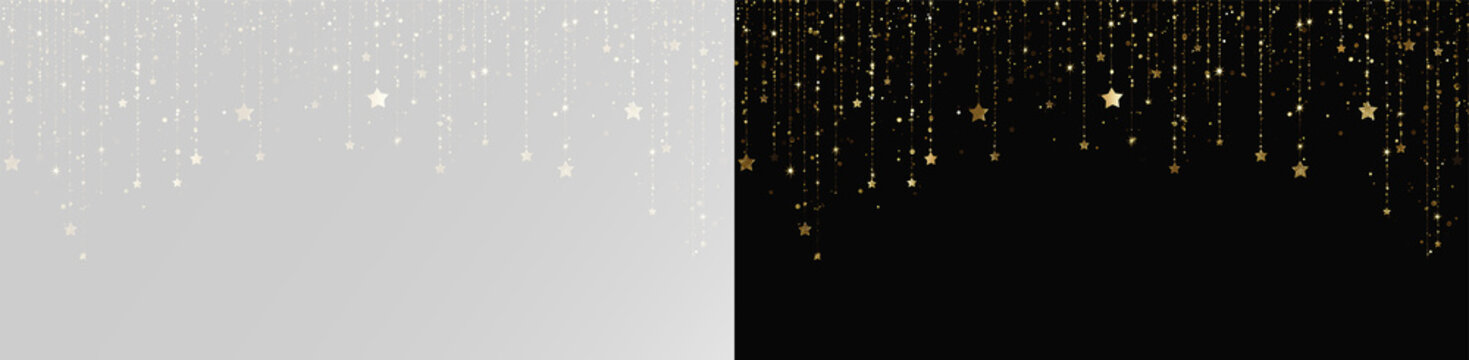 Golden glitter rain for luxury wedding invitations and Christmas sale banner background decoration gold confetti with stars overlay png
