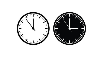 A pair of analog clocks are displayed one with a white face and one black both showing different times