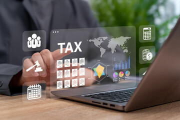 Annual Tax Calculation Online Tax Filing Concept, Businessman Reviewing Financial Documents,...