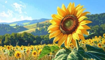 Obraz premium Vibrant Sunflower Field Under a Bright Blue Sky with Rolling Hills in the Background.