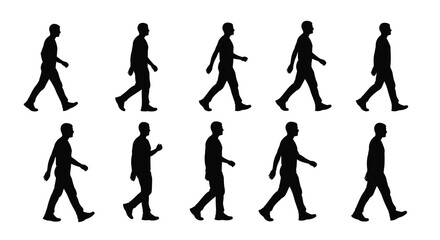 Fototapeta premium A series of black silhouettes depicts ten men in various walking poses showcasing a dynamic sequence of motion