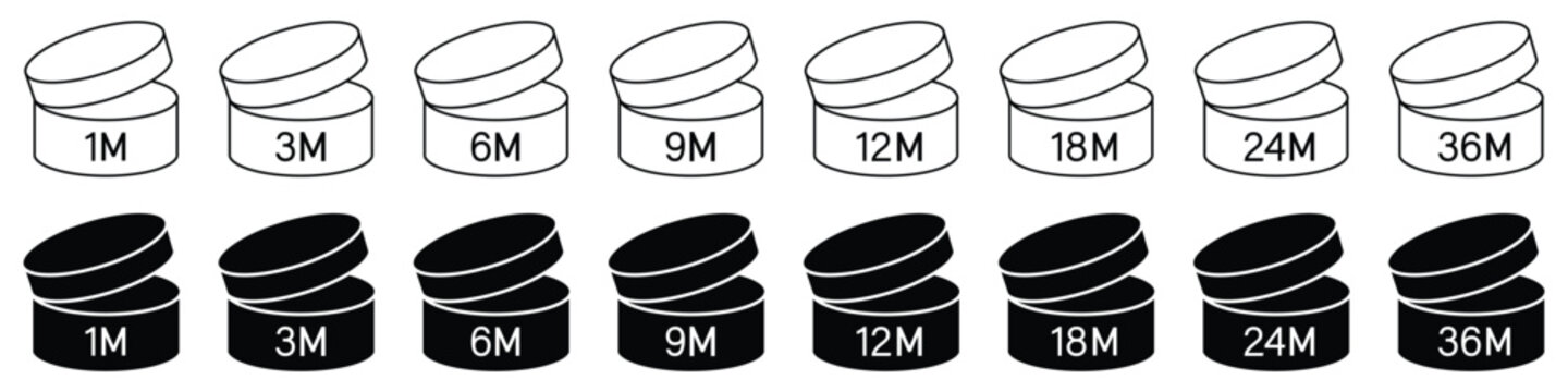 Period after open icons collection. PAO cosmetic icon set vector. 1m, 3m, 6m, 9m, 12m, 18m, 24m, 36m period after open pao icon sign flat style design. Vector illustration.  