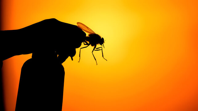 Black silhouette of insecticide aerosol spray can killing a flying house fly insect representing pest control services home hygiene and extermination