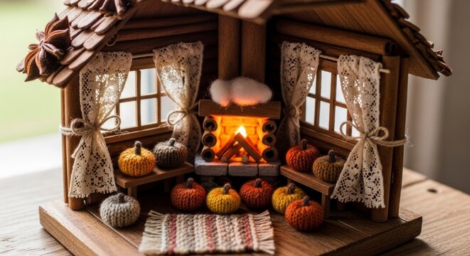 Miniature wooden house with pumpkins and fireplace cozy autumn decor