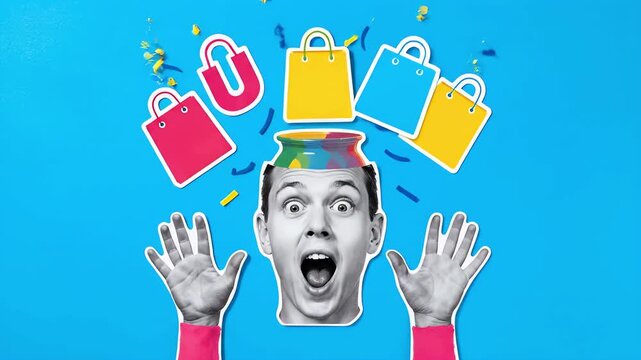 Excited man with open mind overflowing with shopping bags and confetti, symbolizing consumerism and a burst of ideas