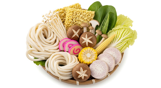Asian hot pot ingredients basket with noodles, vegetables, and fish cake - top view, asian food, food preparation, food styling