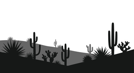 A striking grayscale landscape depicts a desert scene with silhouetted cacti and rolling hills high quality professional detailed modern © RMvectors02