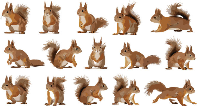 Squirrel poses collection vector illustration featuring multiple sitting, running, jumping and eating squirrel positions hand drawn woodland animal character set isolated background