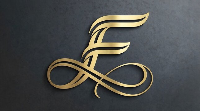 Elegant gold decorative letter F with intricate swirl design on dark background