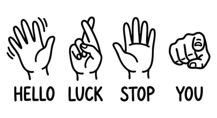 Fototapeta premium Black line art communication hand gesture icons. Crossed fingers and stop outline signs. Editable EPS vector illustration set. Pointing doodle symbols for UI web layout. 