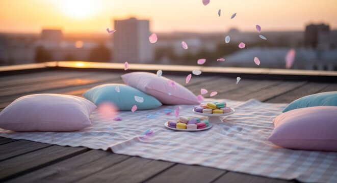 Rooftop picnic scene with pillows treats and falling petals during sunset