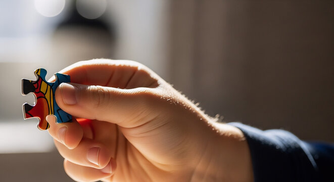 A small hand delicately holds a vibrant, multi-colored puzzle piece, symbolizing the initial step in discovery and the concept of finding a vital connection within a larger challenge