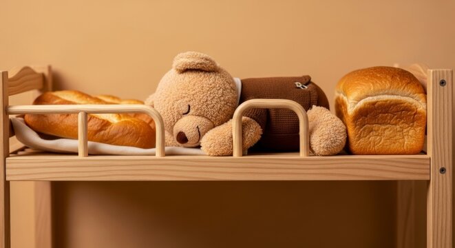 Teddy bear rests on wooden shelf with bread loaves ready for a nap