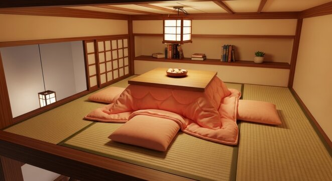 Traditional japanese room cozy interior with tatami mats and low table