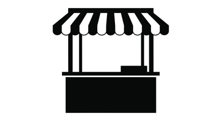 Fototapeta premium A simple black and white illustration depicts a market stall with a striped awning suggesting retail or commerce