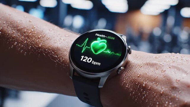 Smartwatch health monitor displaying real time heart rate.