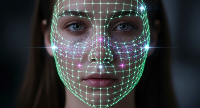 Womans face illuminated by futuristic facial recognition grid