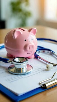 Rising healthcare costs, piggy bank with stethoscope on medical paperwork, health savings accounts planning, insurance premiums inflation, employer coverage expenses