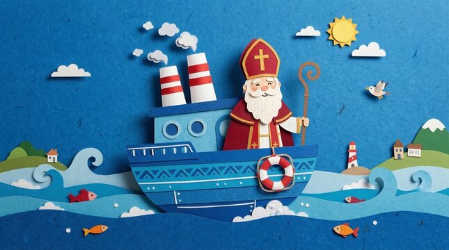 Sinterklaas on a Blue Paper Boat with Christmas Holiday Scene.