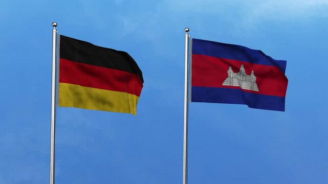 Germany and Cambodia Waving Flags, 3D Illustration.