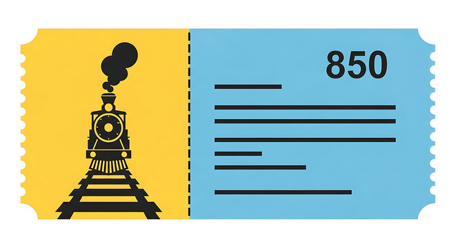 Vintage train ticket design with steam engine graphic and ticket number 850 on a split yellow and blue background with vintage style