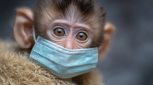 Baby monkey wears surgical face mask in soft natural portrait during day time in the forest