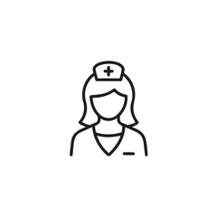 Obraz premium A black and white line art vector icon representing a professional nurse with a medical cap on Vector, illustration