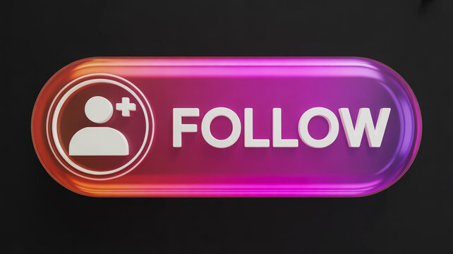 A pink and orange button with a white follow sign