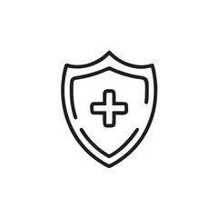 Fototapeta premium A minimalist black line art icon of a medical shield symbol on a plain white background surface Vector, illustration